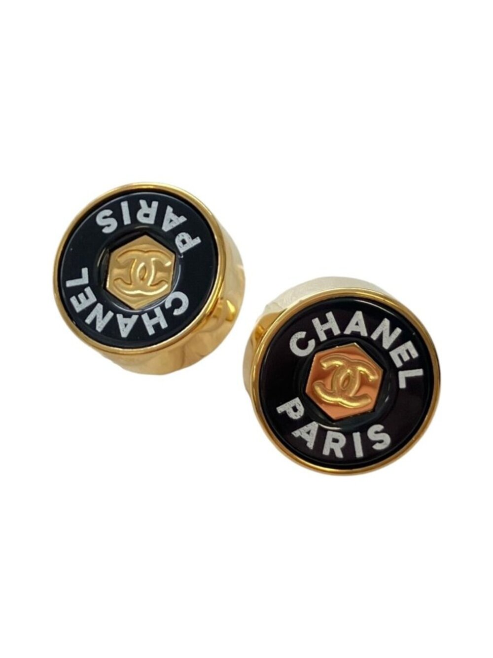 Chanel CC Logo Circle Motif Earrings Black Gold Colored